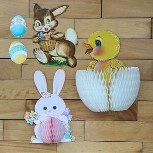 Vintage Easter honeycomb chick rabbit cutout decorations holiday cottagecore